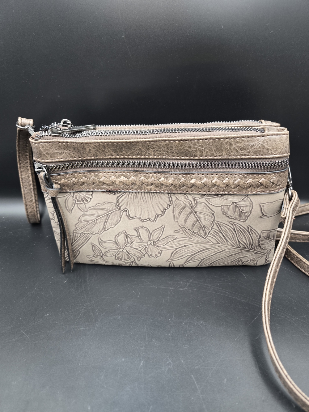Floral-Embossed Taupe Crossbody Bag with Adjustable Strap